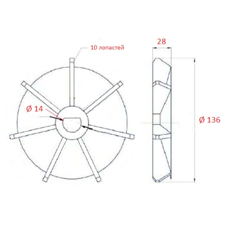 Крыльчатка (d14*136 мм, проф, 10 лоп, h=28) для компрессора КМК (ZD), (JJ), (JT)  1
