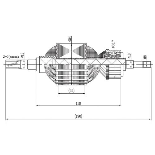 Якорь L=190 мм, 7z(влево)-М8, аналог (516778-0) Makita HR5001C  5